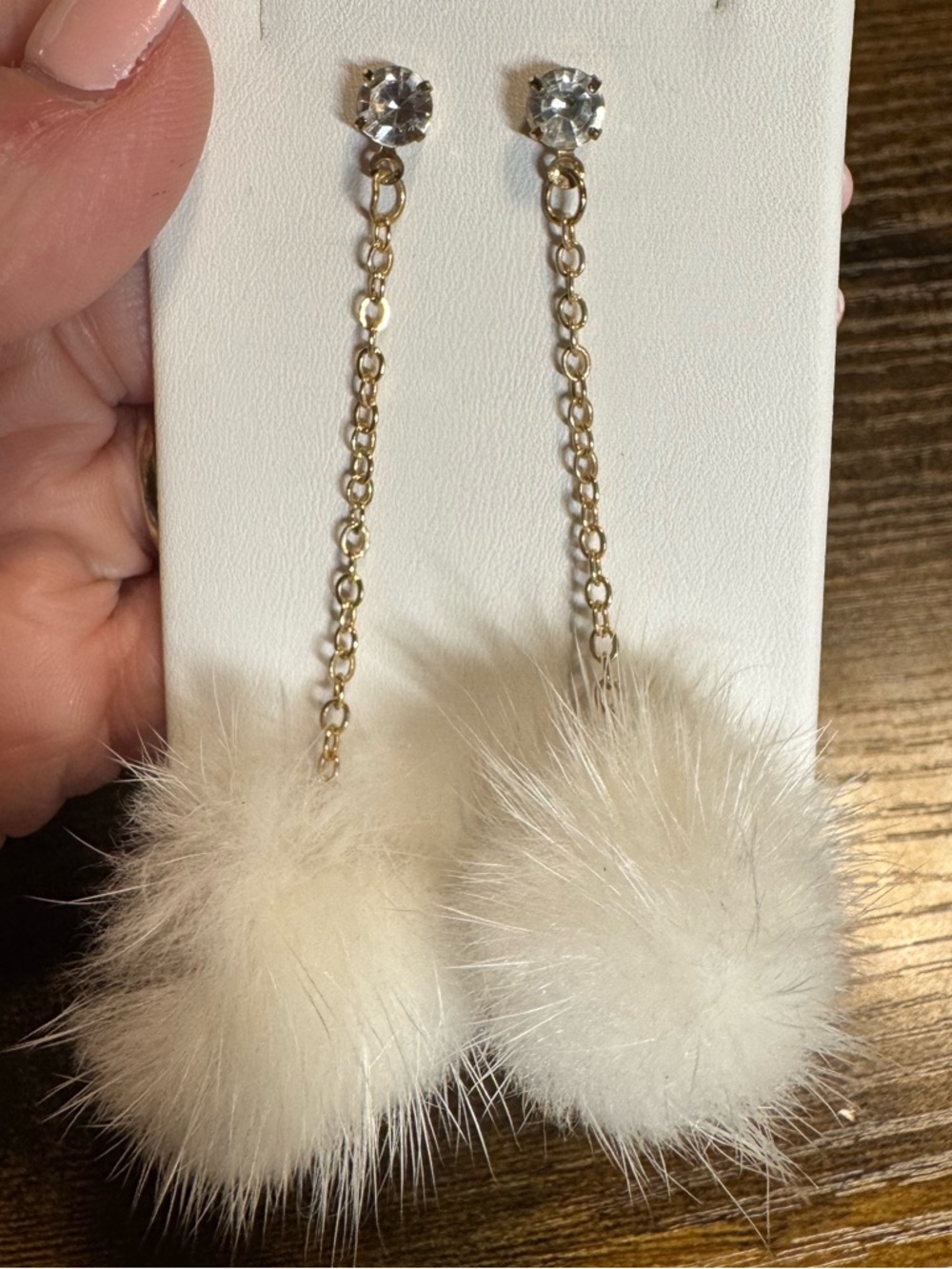 *Preppy White Diamond Stud Earrings Fluffy Pom Pom  - 3in.